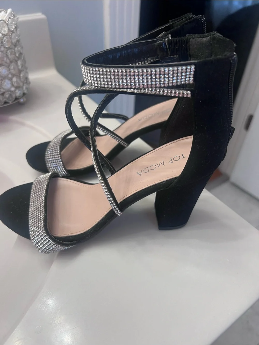 TOP Moda Black Rhinestone Ankle-Strap Dress Heels NWOT